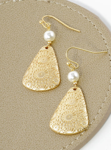 Pearl/Gold Triangle  Drop Earrings