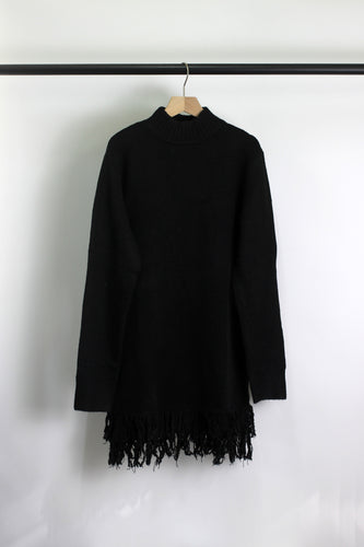 Cozy Black Knit Fringe Hem Sweater Dress