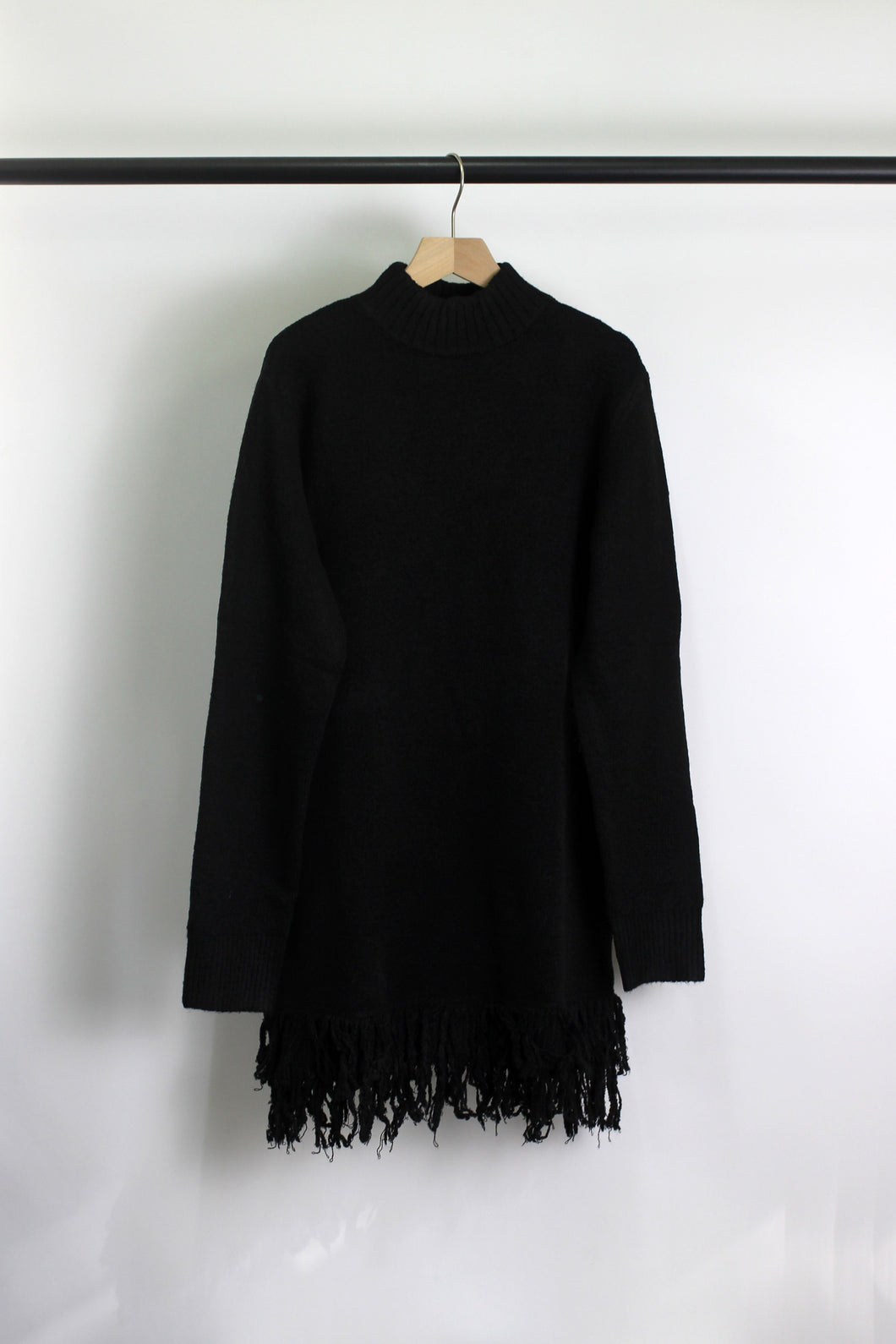 Cozy Black Knit Fringe Hem Sweater Dress