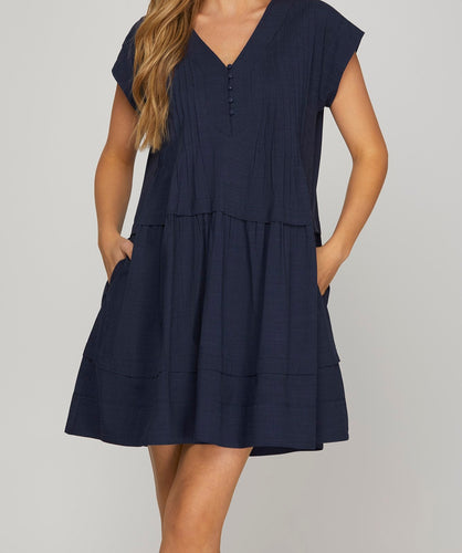 Navy Pintuck Detail Dress