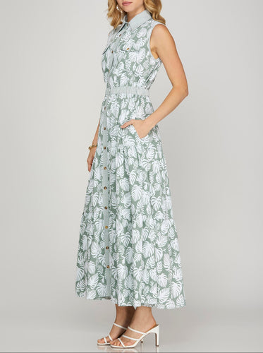 Slate Print Button Down Maxi Dress