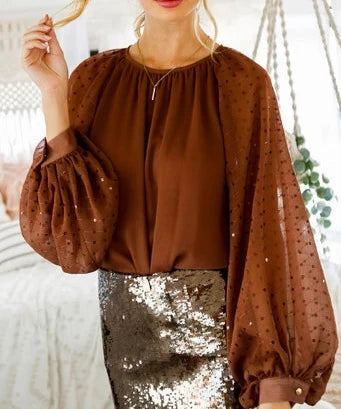 Sequin Long Balloon Sleeve Blouse