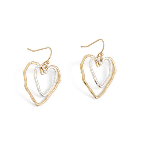 Mixed Metal Double Heart Dangle Earrings