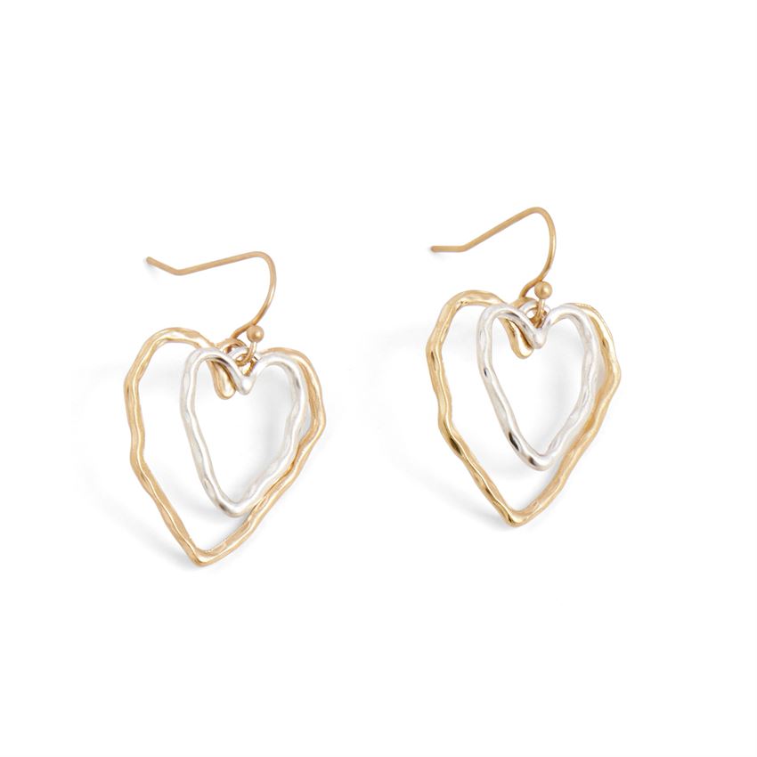 Mixed Metal Double Heart Dangle Earrings