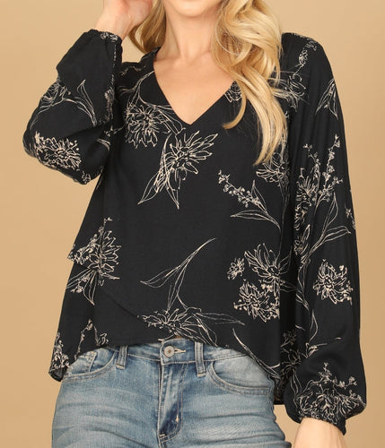 Navy Print Puff Sleeve Blouse