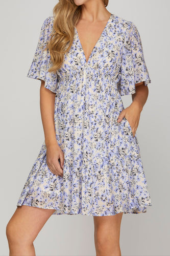 Blue Print Flutter Bell Sleeve Dress