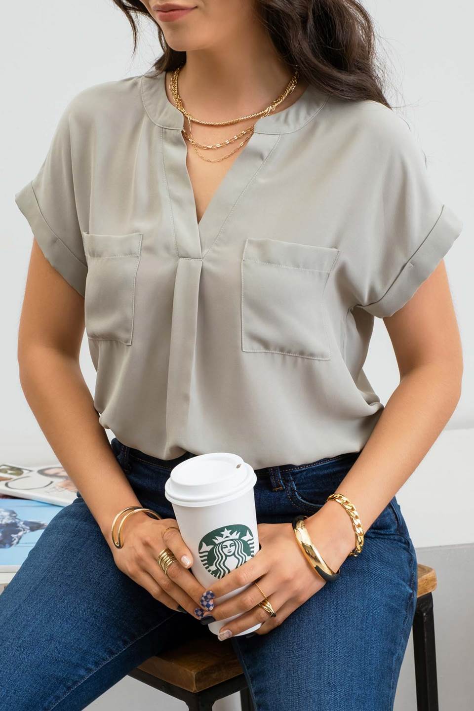 Sage Blouse with Back Button Detail