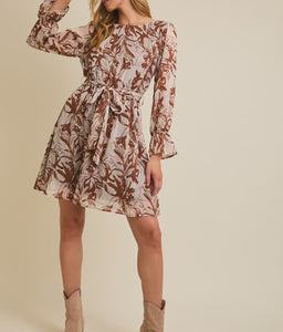 Brown Floral Flare Hem Dress