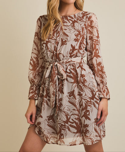 Brown Floral Flare Hem Dress
