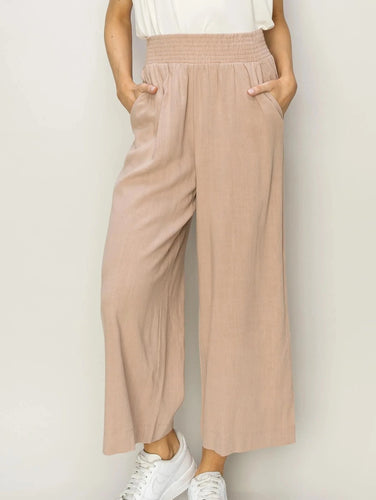 Tan Linen Wide Leg Trousers