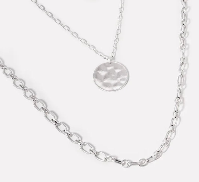 Hammered SIlver Pendant Layered Necklace