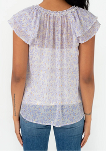 Purple Print Flutter Sleeve Blouse