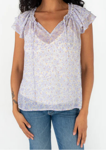 Purple Print Flutter Sleeve Blouse