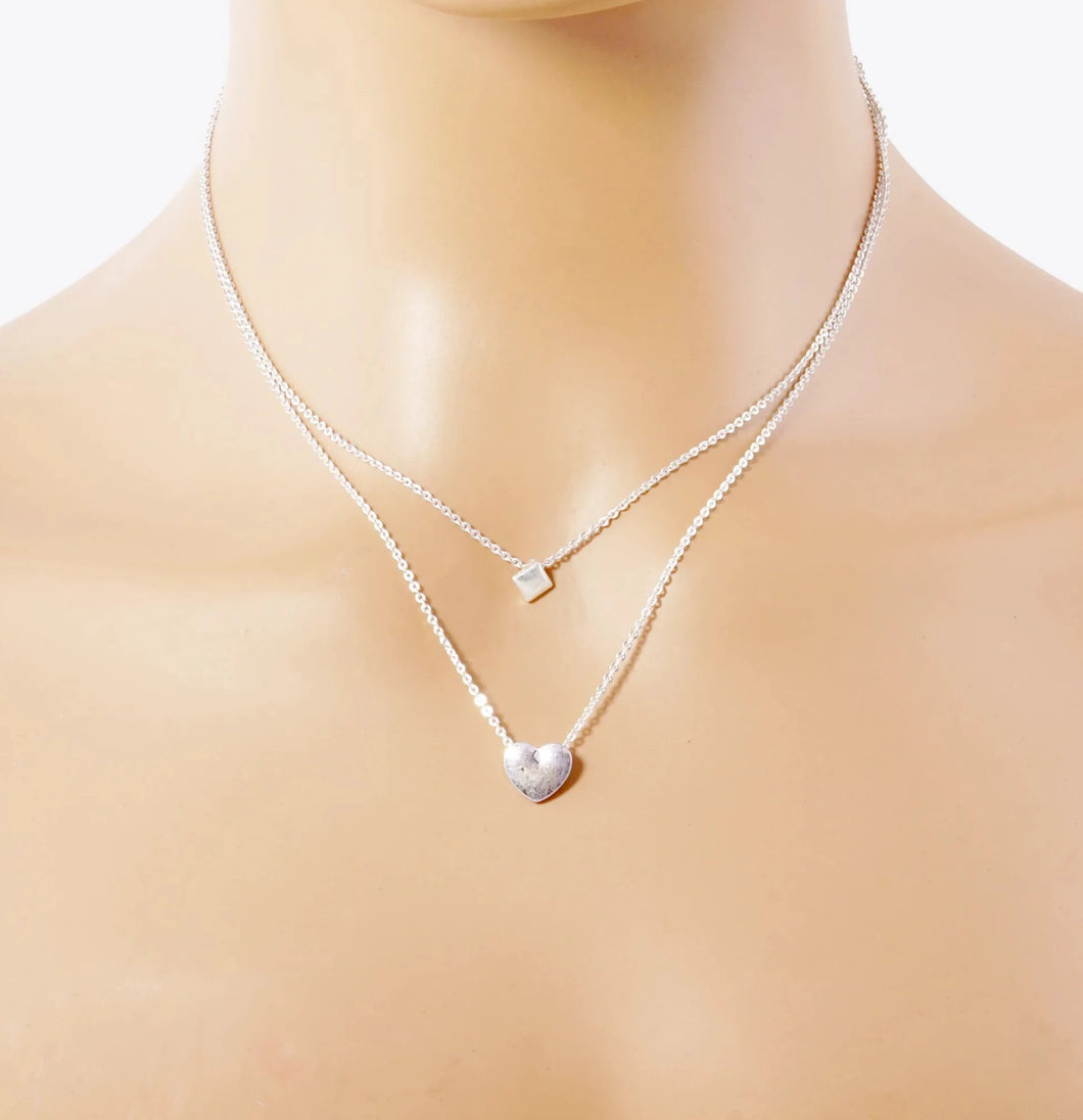 Worn Silver Heart Pendant Layered Necklace