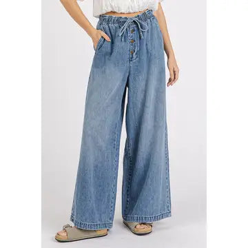Washed Wide Leg Drawstring Denim