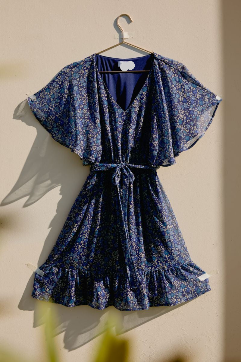 Navy & Taupe Flutter Sleeve Dress
