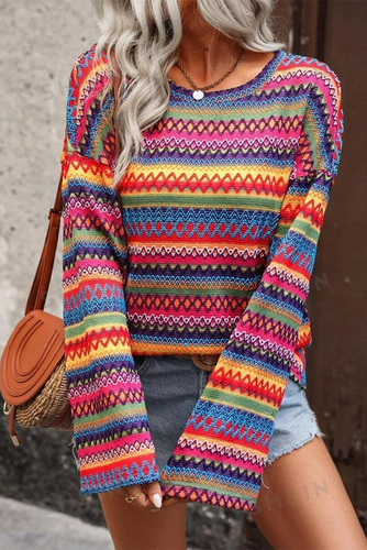 Multi Stripe Long Bell Sleeve Top