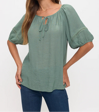 Green Crochet Bubble Sleeve Peasant Top