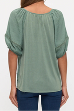Green Crochet Bubble Sleeve Peasant Top